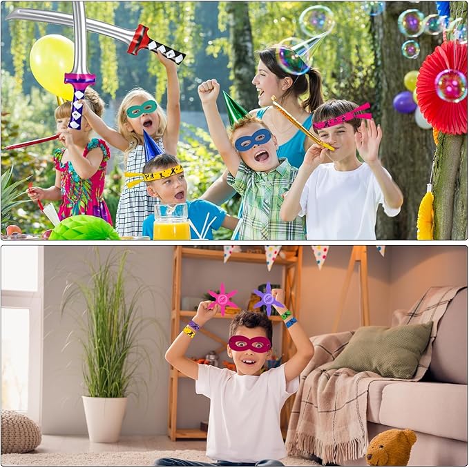 ZOIIWA 72Pcs Karate Party Favors Include Inflatable Sword Headbands Colorful Karate Party Decorations Karate Slap Bracelets Eye Mask Costume Accessories Gift Set for Kids Boys Girls Birthday Supplies