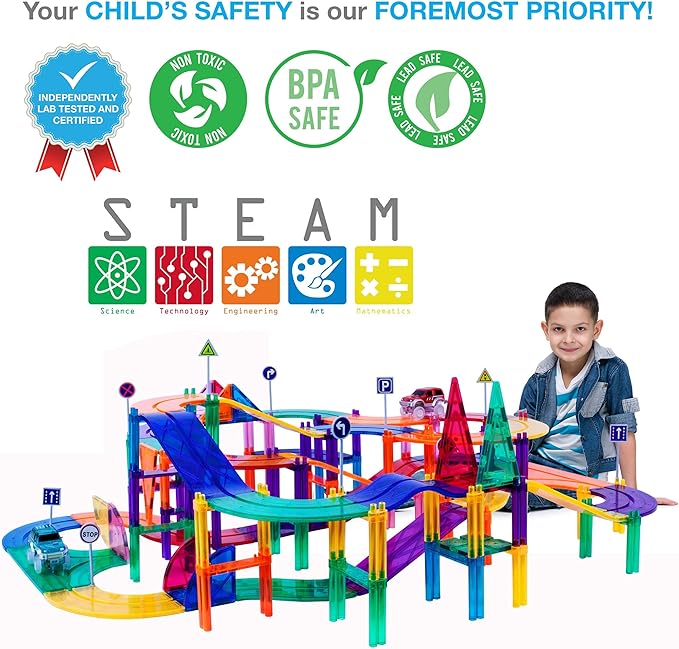 PicassoTiles 150 Piece Race Car Track Building Block Educational Toy Set Magnet Tile Magnetic Blocks Playset 4 Cars Early STEM Learning Construction Kit Hand-Eye Fine Motor Skill Brain Training PTR150