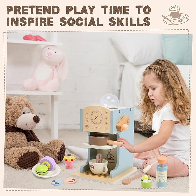 Kids Coffee Playset Kitchen Toys,Wooden Coffee Maker Toy Set with Play Kitchen Accessories, Pretend Play Coffee Set for Kids Girls Boys