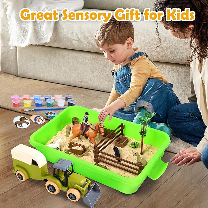 Sensory Bin - Horse Stable Playset Play Sand for Kids,Sandbox with Cover, 1.7 LB Magnetic Sand,Tractor and Stable, Rider and Horse,Rock Painting Kit,Sensory Toys for Autism 3 4 5 6 7 8 Year and Up