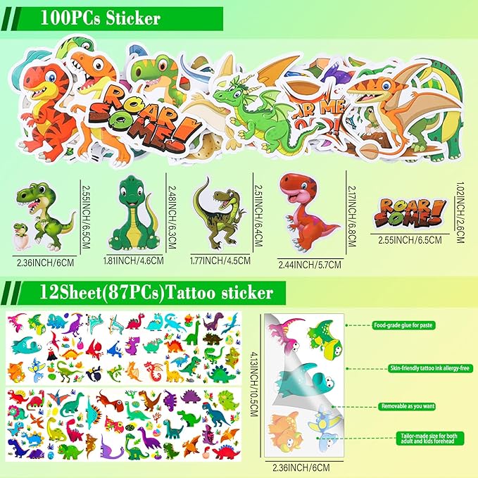 120Pcs Dinosaur Party Favors Dinosaur Birthday Party Supplies Dinosaur Stamps Slap Bracelets Keychains Rings Stickers Temporary Tattoos Bookmarks for Kids Dinosaur Pinata Bags Fillers Classroom Prizes