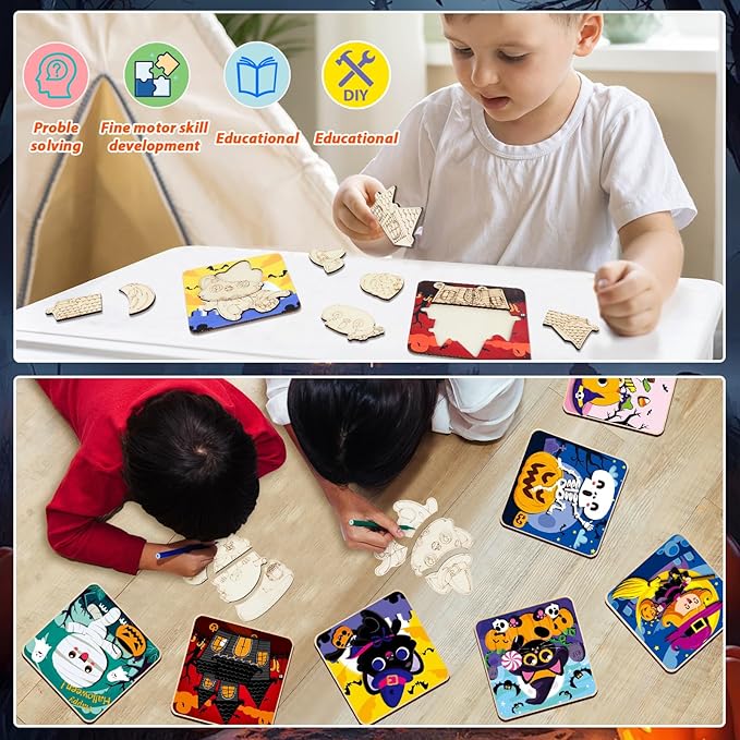 12 Pack Halloween Wooden Puzzles for Toddlers Halloween Puzzles Coloring Craft Kits for Kids Boys Girls Montessori Toys Halloween Party Favors Treat Bag Gifts Educational Learning Jigsaw Puzzle