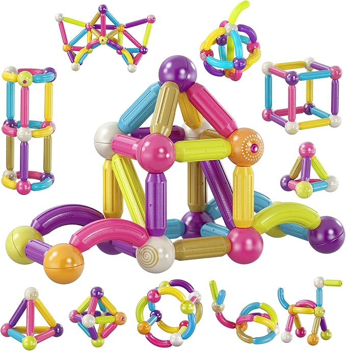 Contixo ST2 Kids Magnetic Stix Stick 68 PCs 3D Building Blocks STEM Construction Playboards Creativity, Imagination, Recreational, Educational for Children Toddler, 3+ Year Old Boys and Girls