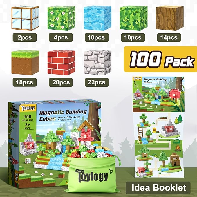 100PCS Magnetic Blocks-Build Mine Magnet World Set for Boys & Girls Age 3-5 6-8, STEM Sensory Toys for Toddlers Gifts for 3+ Years Old Girls Boys,1" Magnet Cubes Classroom Must Haves Construction Toys
