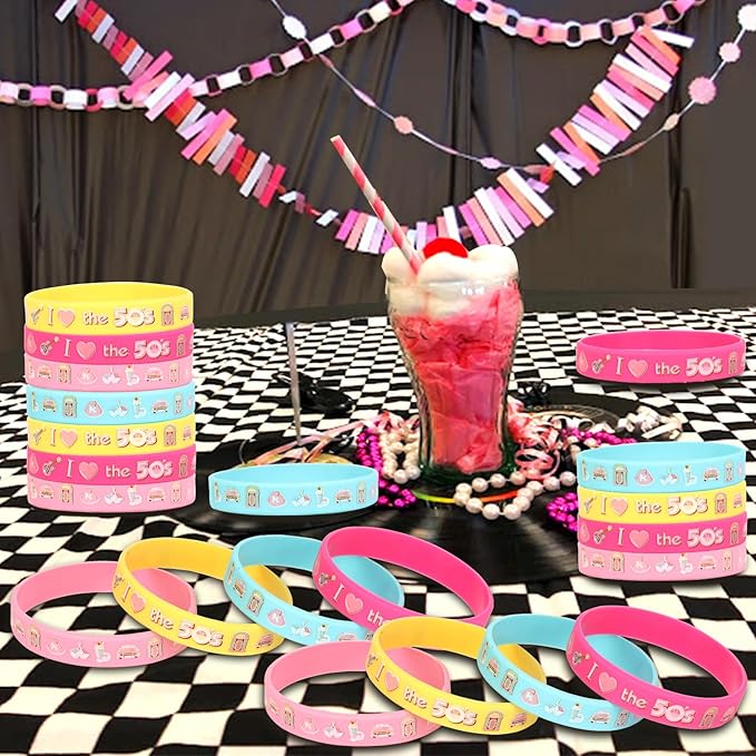 Serencatcher 50’s Sock Hop Party Bracelets, 1950s Party Decorations with 24pcs Rock and Roll Party Favors Silicone Bracelets Wristbands for Retro Rock N Roll Music Disco Dancing Birthday Party