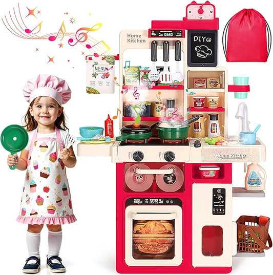 Kids Kitchen Playset, Easface Play Kitchen for Toddlers 1-3 with Sound and Light, Cooking Stove with Steam, Play Sink and Toy Kitchen Accessories Pretend Kitchen Toys for Girls Boys 3-5 (Red)