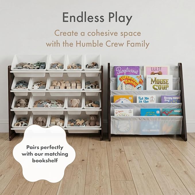 Humble Crew Toy Storage Organizer with 16 Removable Storage Bins for Kids Playroom, 4-Tier Toddler Toy Organization and Storage, Espresso/White