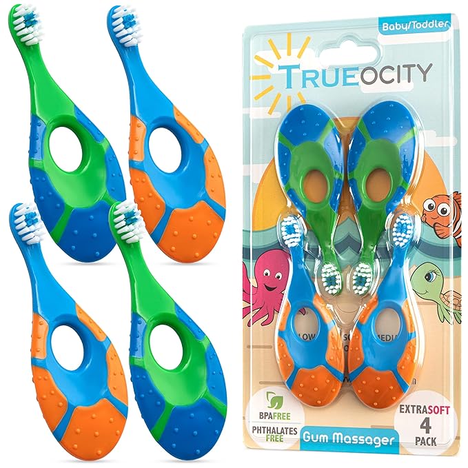 Trueocity Baby Toddler Toothbrush 4 Pack, Soft Bristles, Teething Finger Handle Toothbrushes for 0-2 Years - Training First Set (Blue, Green, Orange) - BPA Free