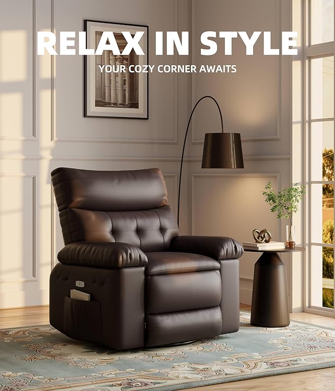 Electric Recliner Chair - 360° Rocker Swivel Recliner with Heat and Massage, PU Leather Large Recliner for Adults, Comfortable Lazy Chair with 1.5X Sponge Filling for Living Room