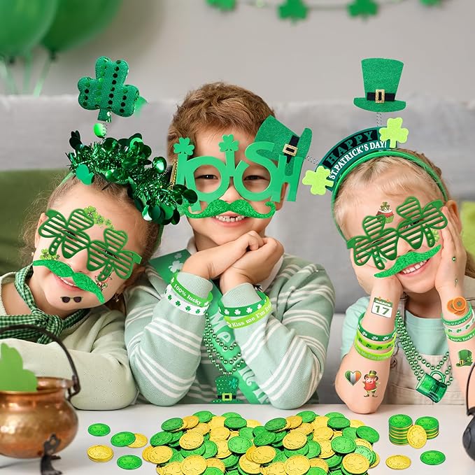 180Pcs St. Patrick's Day Accessories Party Favor Set, Tattoo Stickers, Necklaces, Bracelets, Shamrock Glasses, Headbands, Mustaches, Coins and Kiss Me I'm Irish Sash for Irish Party Supplies