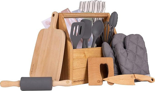 WeeSprout Little Chef Kids Cooking & Baking Set, 14 Piece Cooking Set with Real Kitchen Tools & Kids Apron, Baking Gift for Girls, Boys & Junior Chefs, Food Grade Materials, Choice of Colors