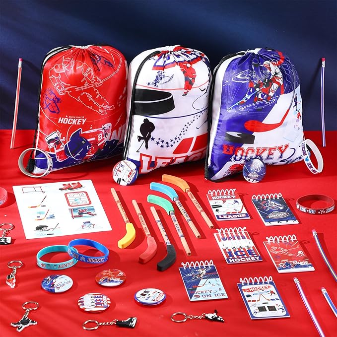 Paterr 102 Pcs Hockey Party Favor Supplies Set Include Hockey Drawstring Bags Silicone Bracelets Badge Buttons Spiral Notebooks Hockey Pencils and Erasers Bookmarks and Stickers for Hockey Gifts