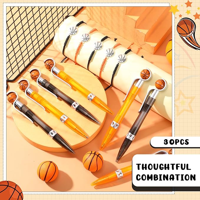 Sabary 30 Pcs Basketball Party Favors Set, 15 Pcs Basketball Pens 15 Pcs Basketball Theme Bracelets Ballpoint Pen Adjustable Bracelet Basketball Party Gifts for School Kids Teens Team Members