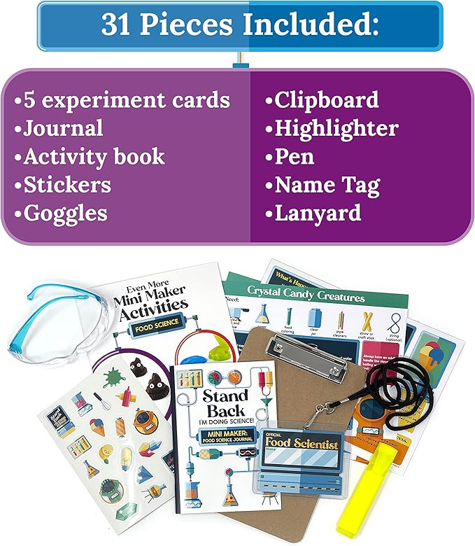 Carson Dellosa Grades 2-5 Mini Maker Science Kits: Food Science, Journal, Activity Book, Experiment Cards, Stickers, Goggles, Name Tag for STEM Activities, Classroom or Homeschool Curriculum (31 pc)