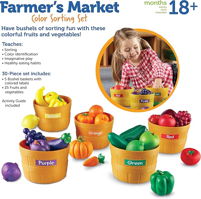 Learning Resources Farmer's Market Color Sorting Set - Play Food for Kids, Toddler Stacking Toys, Grocery and Kitchen Play Toys , Montessori, Fine Motor Skills , Gifts for Boys And Girls