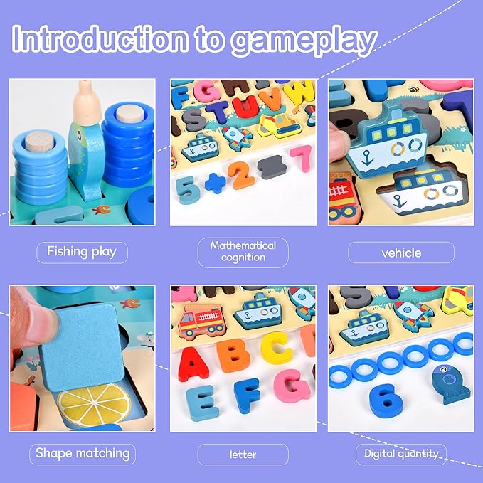 Wooden alphanumeric Shapes Jigsaw Ring Count Classification Toys Math Shapes Building Blocks Toddler Learning Playboard Math Fishing Educational Toys Montessori Educational Toys (color1)
