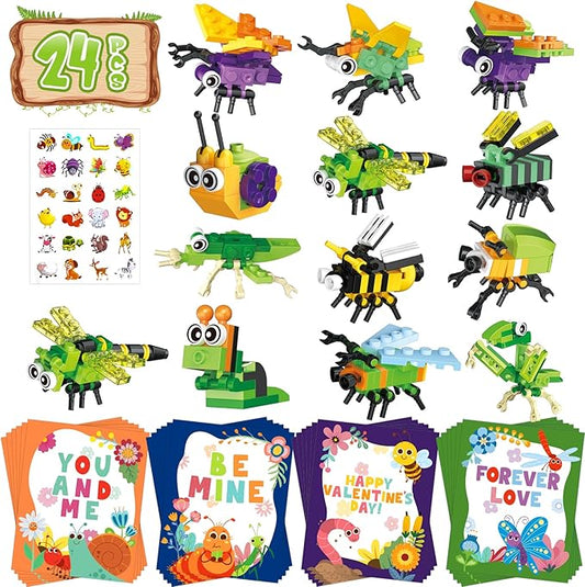 Erweicet Valentines Day Gifts for Kids 24 PCS Insect Building Blocks with Valentines Gift Cards for Kids Boys Girls Classroom Gift Exchange