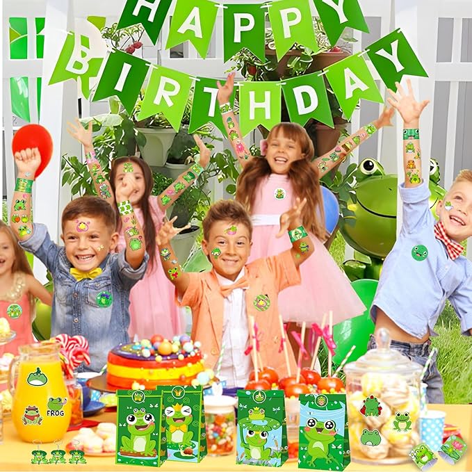 110 PCS Frog Party Favors, Frog Temporary Tattoos Slap Bracelets Keychains Stickers Badges Gift Bags for Frog Birthday Party Decorations Supplies Gifts for Kids Classroom Rewards Baby Shower