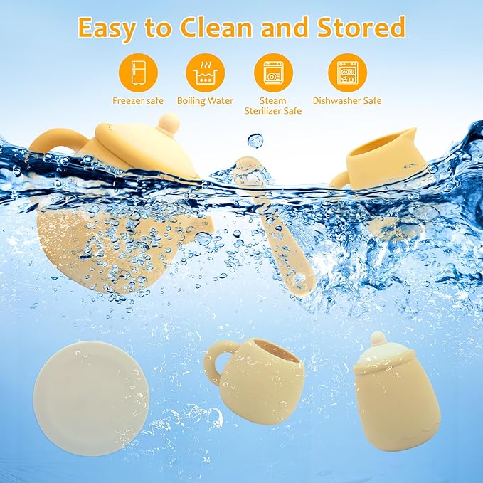 MCGMITT Tea Party Set for Little Girls, 15 Pcs Silicone Tea Set for Kids, Toddler Tea Set with Teapot Tea Cup Coasters Creamer Sugar Bowl Spoon, Pretend Play Toys for 3 4 5 6 Year Old Kids