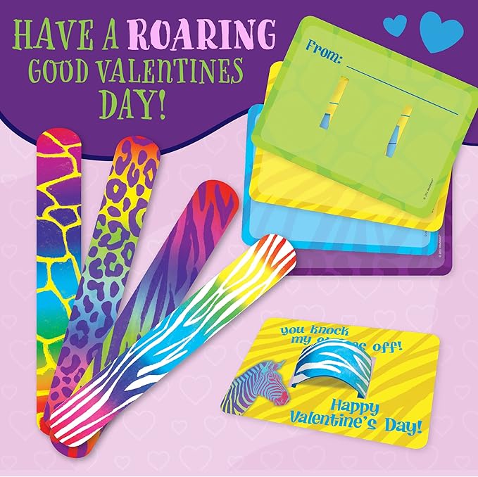 Peaceable Kingdom Valentines Cards for Kids Classroom, Set of 28 Valentines Day Gifts - Animal Print Slap Bracelets