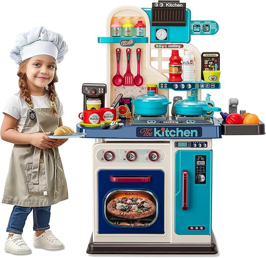 Kids Kitchen Playset-53pcs Cooking Stove,Paly Sink,Oven,Kitchen Toys with Realistic Lights&Sounds,Pretend Play Toys,Kitchen Toys for Toddler 1 2 3(Blue)
