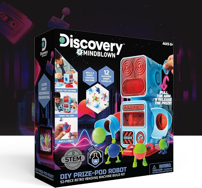Discovery™ #MINDBLOWN DIY Prize-Pod Robot Kit, 52-Piece Vending Machine Building Set, 12 Transforming Capsules, Educational Science Experiment, Engineering STEM Project, Robotics Toy Gift Kids Age 8+
