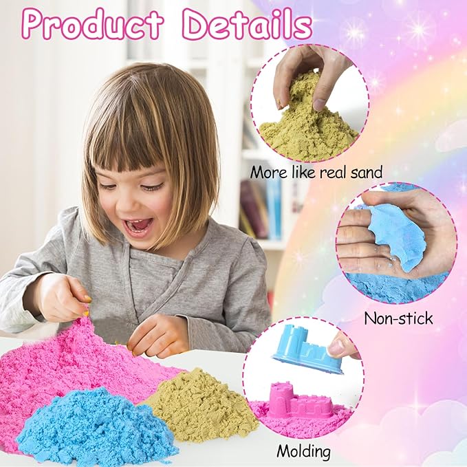 Unicorn Sensory Bin, 47Pcs Sandbox Play Sand Set Sensory Bins for Kids Toddlers Sensory Toys with Magic Sand, Unicorns, Castle Moulds, Mermaid, Tools, Sand Art Kit for Girls Ages 3 4 5 6 7 8 Gift