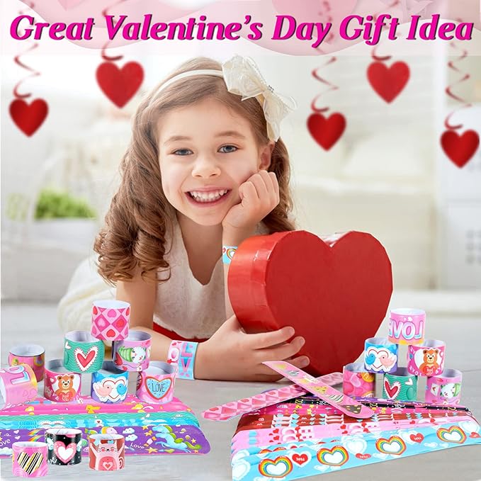 Valentine's Day Slap Bracelets 48Pcs Valentine's Day Party Favors for Kids Valentine's Day Snap Bracelets Party Supplies Valentine's Prize for student Valentine's Day Gift for Class Goodie Bag Fillers