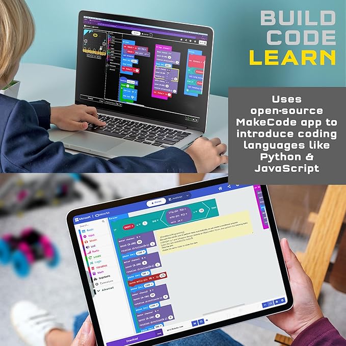 Thames & Kosmos Robotics Workshop with Micro:Bit STEM Experiment Kit, Creative, Educational Coding & Programming Curriculum for Home & School Use, Utilizes MakeCode App to Learn Python, Javascript