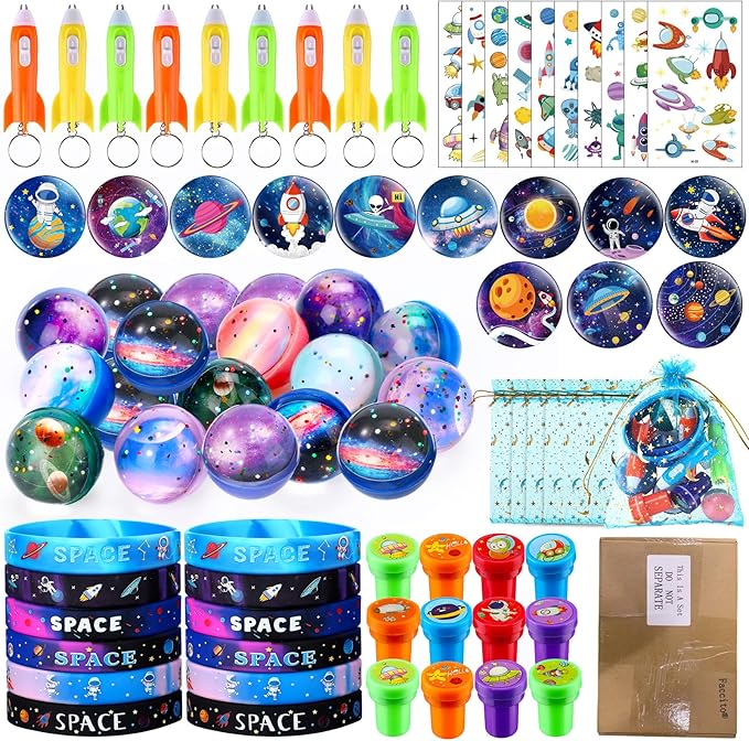 Faccito 84 Pcs Space Party Favors Bouncy Balls Silicone Bracelets Rocket Light Key Chain Stamps Space Party Supplies Galaxy Theme Bag Fillers for Solar System Planet Theme Birthday Classroom Rewards