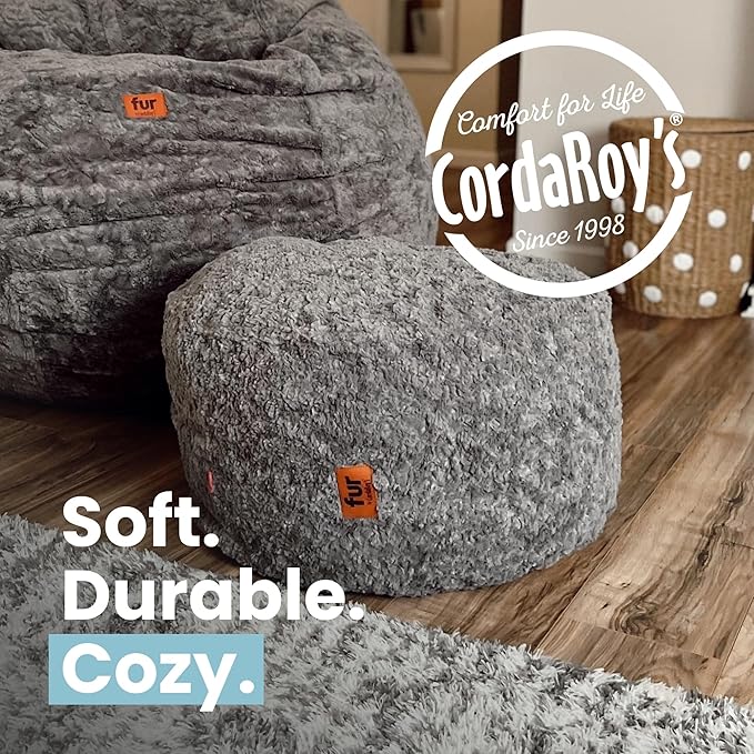 CordaRoy's Faux Fur Bean Bag Pouf Footstool - Washable Fabric Ottoman Cover with Durable Foam Insert - Versatile Footrest for Basement, Living Room, Office - 26" x 17" - White