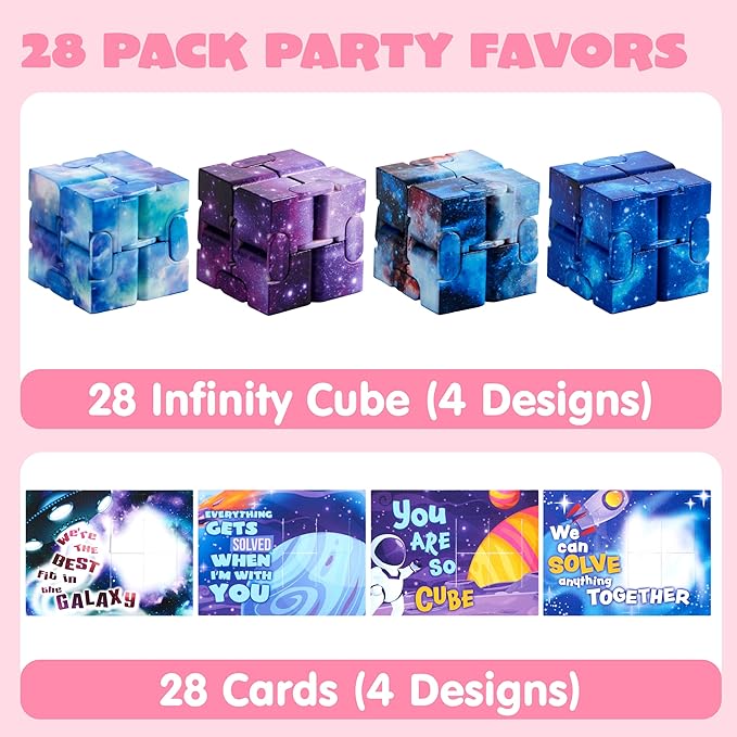 JOYIN 28 Packs Valentine’s Day Gift Cards with Infinity Magic Toys, Cosmic Hand-Held Flip, Stress Relief Fidget Toys for Kids Valentine's Party Favors, Classroom Exchange and Goodie Bag Stuffers