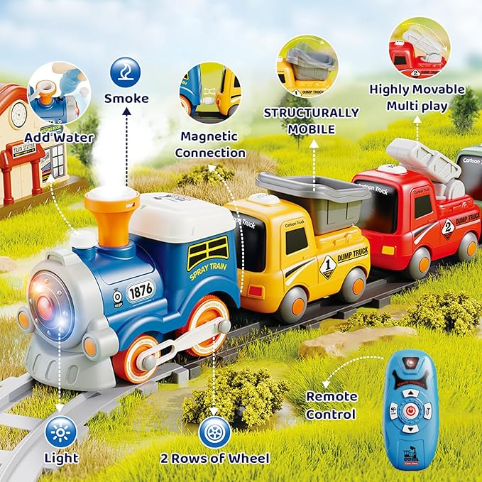 Train Toy for Kids 3-8, Remote Control Train Set with Lighting & Music & Water Steam for 3+ Boys, Electric Train Set with Train Tracks Accessories, Gift for Toddlers Girls Age 4 5 6 7 8