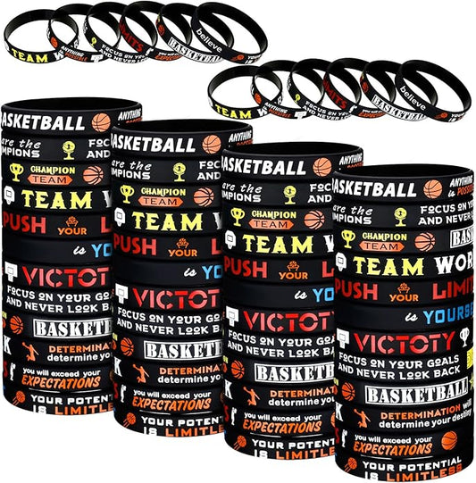 Zhanmai 48 Pieces Basketball Bracelets Silicone Motivational Wristbands, Silicone Inspirational Bracelets Basketball Party Favors for Men Women Sports Birthday Sports Themed Class of 2025 Gifts Party