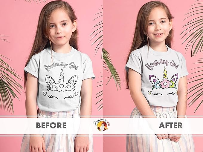 Coloring Shirt for Girls - Kit with 10 Fabric Markers and Alphabet Stencil (Birthday Unicorn, 6/7)