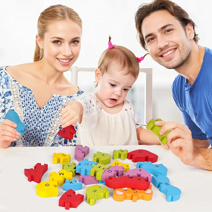 LovesTown Lion Wooden Puzzle, 26PCS Jigsaw Puzzle Alphabet and Number Blocks Animal Wooden Building Blocks for Kid Preschool Education