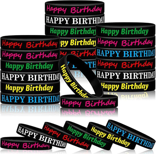 Sratte 120 Pcs Happy Birthday Rubber Bracelets for Kids Stretch Wristbands Bulk Birthday Bracelets for Classroom Student Back to School Gift Teacher Birthday Party Favors Supplies