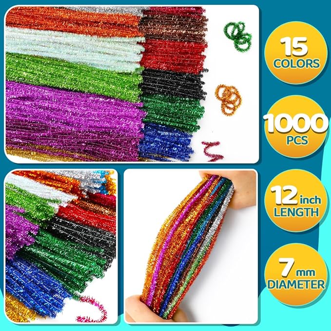 1000pcs Pipe Cleaners, Pipe Cleaners for Crafts, Craft Supplies Multicolor Chenille Stems for Art&Craft Christmas DIY Projects(15colors,Glitter)