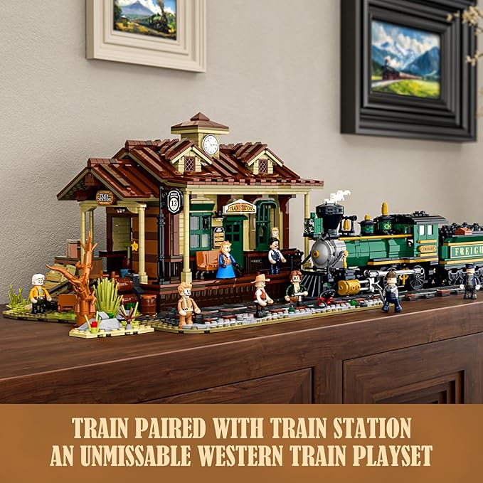 FUNWHOLE Wild West Train Station Lighting Building-Bricks Set - 1975 Pcs Collectible Train Playset for Adults and Teens