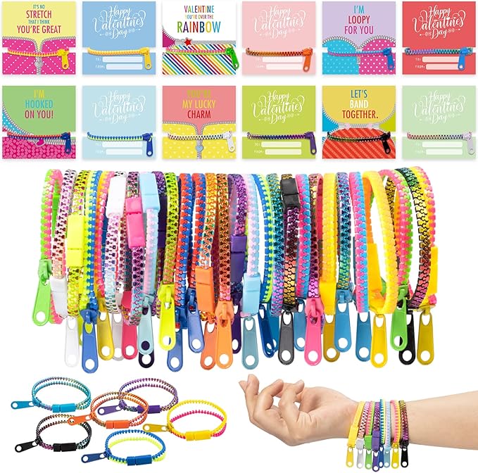 OuMuaMua Valentines Gift for Kids Classroom - 30 Pack Valentines Exchange Cards with Zipper Bracelets for School Class Exchange Gifts, Toddlers Girls Boys Valentines Gifts