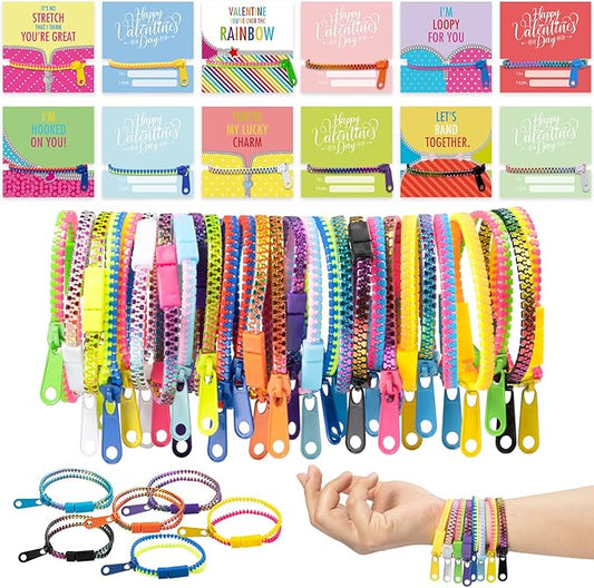 OuMuaMua Valentines Gift for Kids Classroom - 30 Pack Valentines Exchange Cards with Zipper Bracelets for School Class Exchange Gifts, Toddlers Girls Boys Valentines Gifts