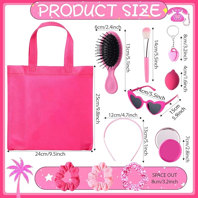 108 Pcs Hot Pink Princess Gift Bags Set Hot Pink Princess Party Favors Kit, 12 Pink Keychains 12 Makeup Mirror 12 Sponge 12 Gifts Bags 12 Heart Sunglasses 12 Brush Headband Hair Band Combs