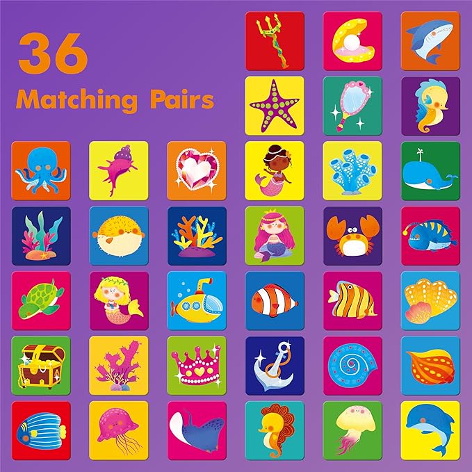 Hebayy 72 PCS Mermaid World Memory Matching Game, Marine World Matching Cards for Toddlers 36 Pairs Memory Cards Educational Toys for Preschool 4 5 6 Years Old