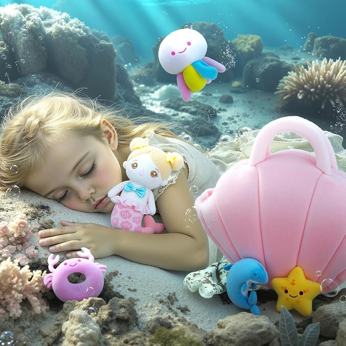 OUOZZZ Soft Baby Doll for Girls Mermaid Toys - 2 Years Old Sensory Toy - Little Dolls Birthday Gifts Age 1-3 Toddler Plush Stuffed Animal with Squeaker, Crinkle and Bell Ringing Toy Set