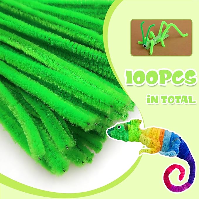 TOAOB 100pcs Pipe Cleaners Fluorescent Green Pipe Cleaners Chenille Stems 6mm x 12 Inch Fuzzy Sticks Crafts Supplies for DIY Art Crafts Decorations