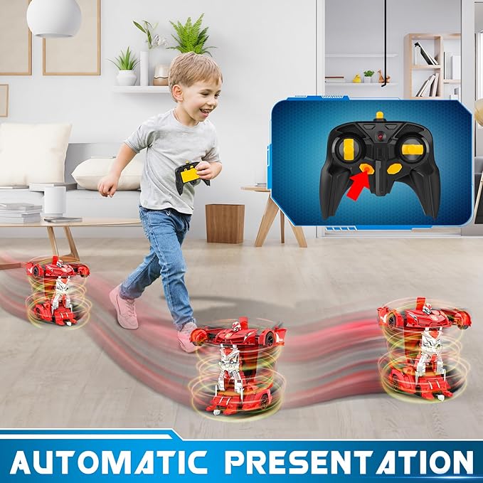 FDJ Transform Remote Control Car Robot, One Button Deformation to Robot with Flashing Light, 2.4Ghz 1:18 Scale Transforming Police Car Kids Toys with 360 Degree Rotating Drifting, Toys for Boys Girls