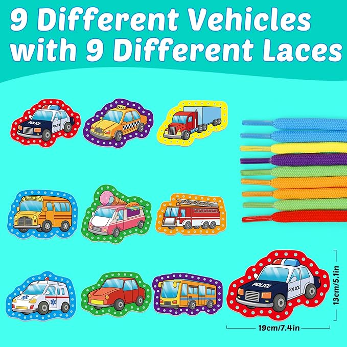 Aizweb Vehicle Lacing Cards,Sewing Kit for Toddlers, Fine Motor Skill Toys,Threading Toys for Preschoolers,Shoe Tying Practice Art and Craft for Kids Educational Kindergarten Learning Activities