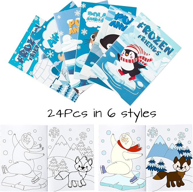 24Pcs Polar Animals Coloring Books Winter Theme DIY Art Booklet Drawing Pattern Including Arctic Bear Penguin Birthday Party Favors Gifts Home Classroom Activity Supplies for Kids Age 4-8