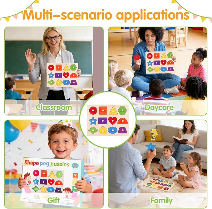 Montessori Wooden Peg Shape Puzzles for Toddlers 1-4, Sturdy Easy-Grip Educational Learning Toys, Perfect Birthday Gifts for Baby Boys Girls