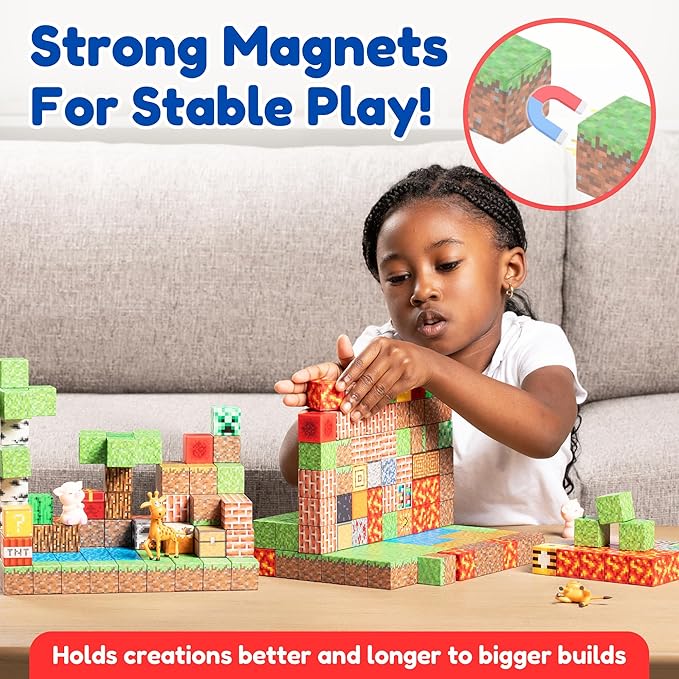 137PCS Magnetic Building Blocks Construction - STEM Magnetic Toys Sensory Set with Animal Figurines & Booklet - 1" Magnet Cube for Boys Girls, Game Based Magnetic Blocks for Kids 3-9